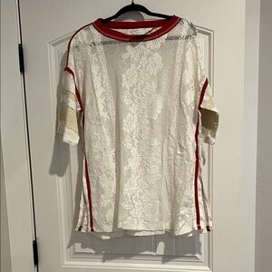 We The Free Lace Short Sleeve Tee - Red and Cream